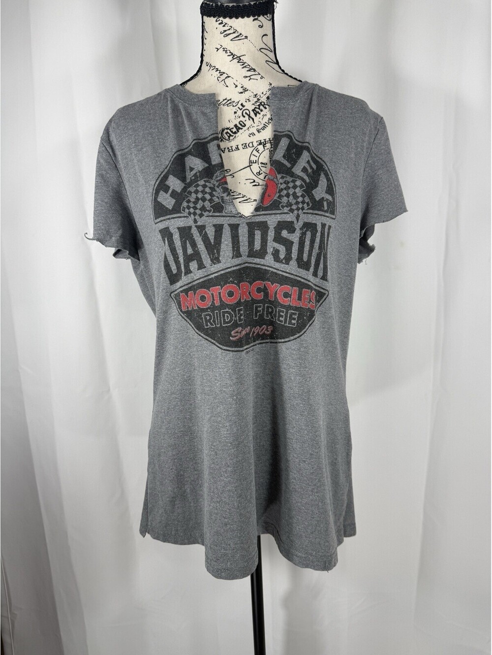 Harley Davidson Womens L Gray Pig Trail Rogers Arkansas Cut Notch Neck Biker T